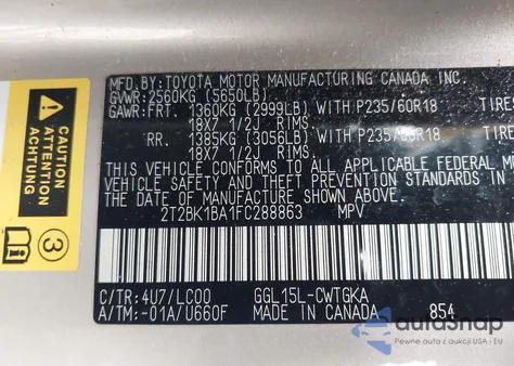 2015 Lexus Rx 350 из США, поврежденный, VIN 2T2BK1BA1FC288863